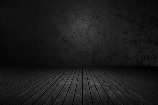 Black planks floor with black concrete wall background