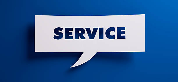 istock White speech bubble with the word service in front of a blue colored wall - 3D illustration 2232019201