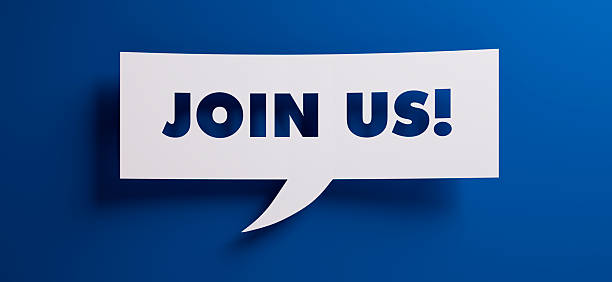 istock White speech bubble with the words join us in front of a blue colored wall - 3D illustration 2232019454