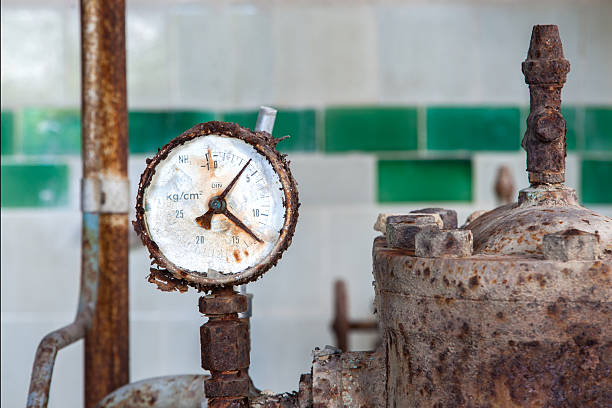 Close-up of an old, weathered gas pump with a rusty, faded exterior standing in a grassy field. The retro dial face and peeling paint evoke a sense of nostalgia and abandonment. Ideal for themes related to rural life, vintage Americana, or industrial decay.