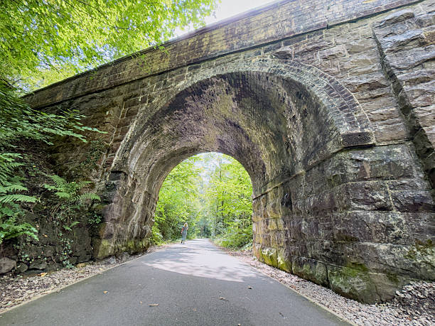 istock Large stone arch bridge over woodland path 2232022226
