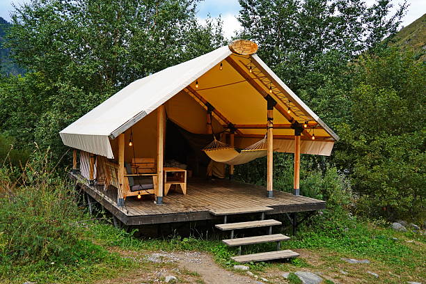 istock Glamping. Gazebo with hammock in a mountainous area. 2232047512