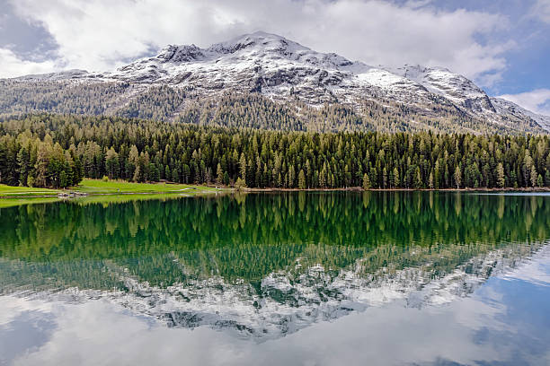 istock Snow-capped mountains reflect in tranquil lake surrounded by lush forest 2232051886