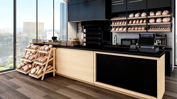istock Modern Bakery Shop and Cafe Interior with Bread Display and Coffee Counter, 3d Rendering 2232054671