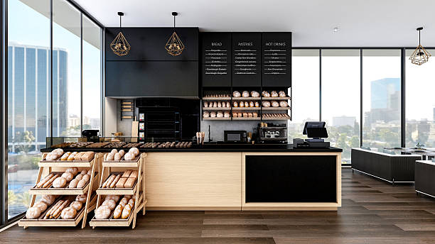 istock Modern Bakery Shop and Cafe Interior with Bread Display and Coffee Counter, 3d Rendering 2232054689