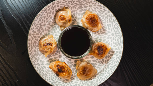 istock Crispy Pan-Fried Dumpling (Gyoza) on Elegant Plate with Soy Dipping Sauce 2232056555