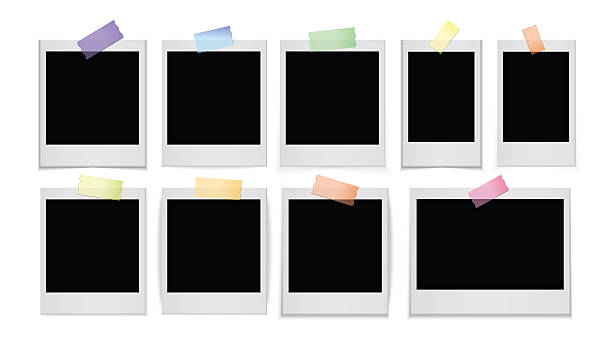 Realistic Polaroid photo frame set featuring different sizes – mini, square, and wide. Blank retro instant picture templates with colorful sticky tape, perfect for scrapbook design, photo collage, vintage album decoration, and creative photography projects. High-quality vector illustration ideal for mockups, presentations, and nostalgic designs.