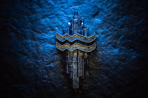 Ancient Emblem of Aquarius Zodiac Symbol on Dark Stone Surface Background Illuminated with Blue Light., offering a mysterious and futuristic aesthetic