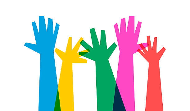 Multi colored hands reaching out Vector illustration of vibrant colored human hands reaching out. Cut out design elements on a transparent background on the vector file. hand raised stock illustrations