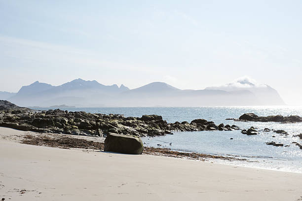 View across beach, sea and mountains, Vikten Beach Lofoten Islands