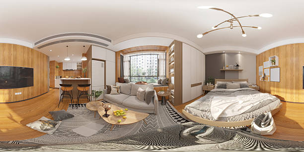 istock 3d render of modern bedroom, 360 degree view 2232076446