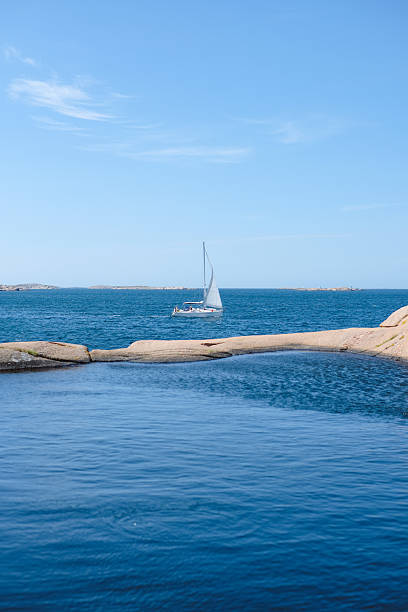 Sailboat on sea and rocky coastline, Lysekil, Västra Götaland County, Gullmarn fjord