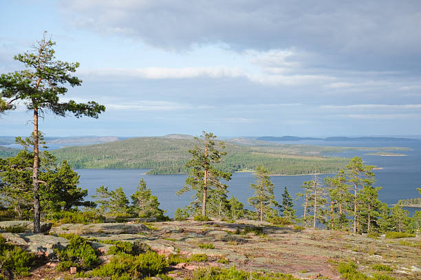 Rocky hill, trees and lake, High Coast/Hoga Kusten