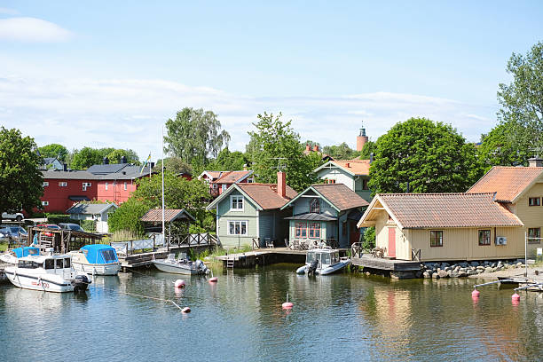 Harbour and traditional coastal buildings, Vaxholm, Stockholm Archipelago