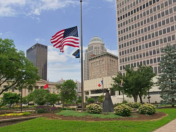 Louisville, Kentucky - USA, May 15, 2025. Public park with differing architecture in downtown Louisville Kentucky. Louisville the largest city in the Commonwealth of Kentucky is a commercial hub of the southeast and know for it's many whisky distilleries. The city merged with Jefferson county with an official title of Louisville/Jefferson County Metro Government  The city lies along the Ohio river across from southern Indiana.
