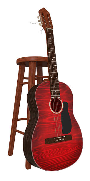 istock Red classical guitar leaning on wooden chair 3d render 2232086940
