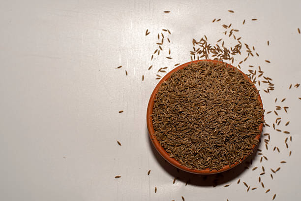A bowl filled with organic whole cumin seeds, known as jeera, on clean white background with copy space. Symbol of spice, Ayurveda, health, cooking, and Indian culinary tradition.