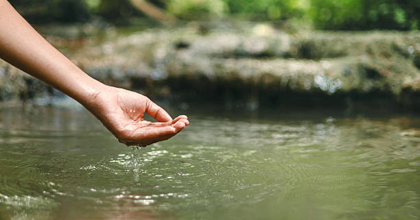 istock hand is reaching into  body of water, possibly  river or  pond 2232116477