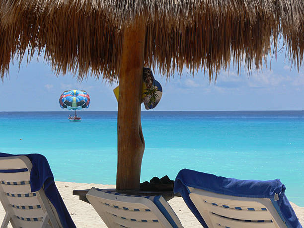 Luxury beach with white sand and blue water.