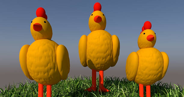 istock Three 3D Cartoon Chickens Standing on Grass Under Clear Sky 2232117306