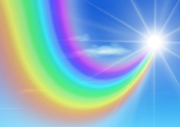 3d illustration of abstract rainbow and sun against blue sky with text space