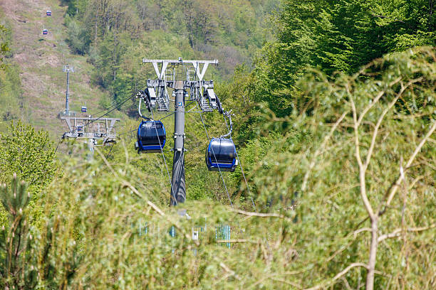 Pair of blue and white cable cars are traveling up a track, with one car slightly ahead of the other. The cars are suspended from a series of cables. The track is surrounded by trees