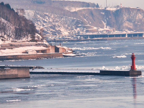 Hokkaido, Japan - February 19, 2024:  Drift ice at Nemuro strait in Hokkaido, Japan