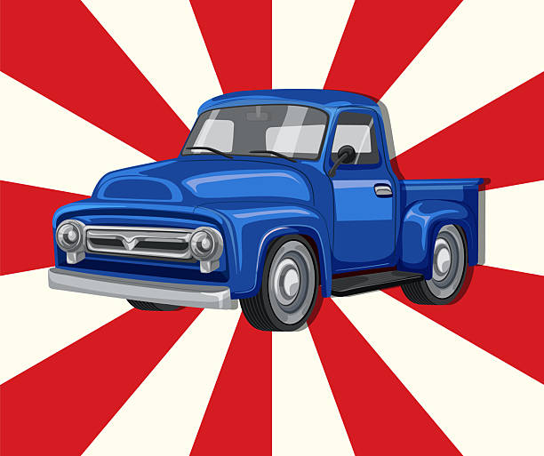 Retro blue pickup truck with bold red and white radial background, vibrant colors, clean lines.