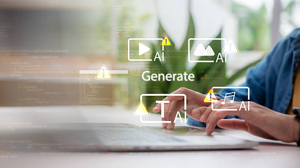istock Hands typing on laptop with generative AI content icons showing error warning. Concept of artificial intelligence risk, digital technology, cyber security, content creation error, and future AI issues. 2232124759