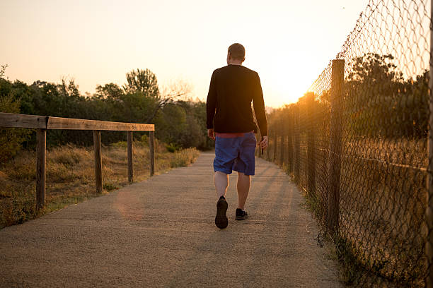 istock Man walking away on path at sunset 2232126525