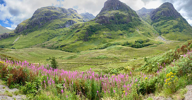 Panoramic view of the Three Sisters in the Glencoe Mountains of the Scottish highlands.
