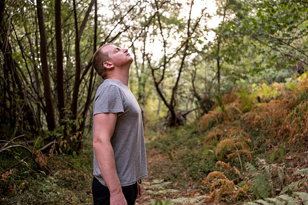 istock Man breathing fresh air in a lush forest 2232127078