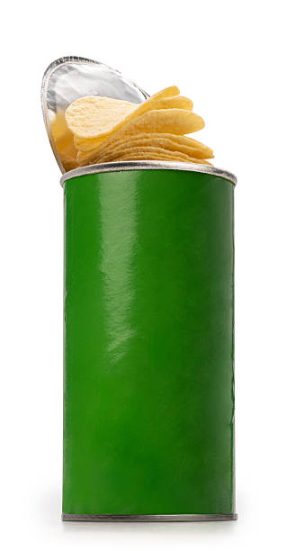 Potato chips flying in green bottle packaging on white background, Flying Chips Images isolate on white with clipping path.