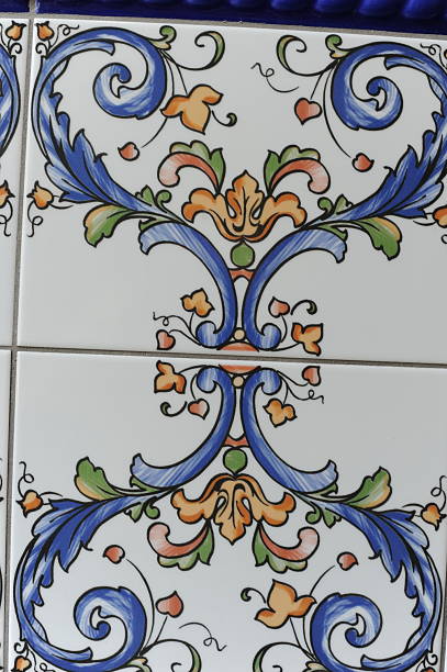 Blue and white azulejos ceramic tiles with floral design illustations and motives and patterns
