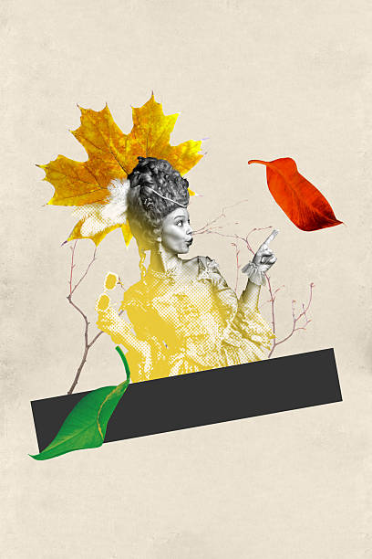 Creative artwork template sketch collage of vintage historical corset opulence aristocracy fashion young woman finger point fallen leaves.