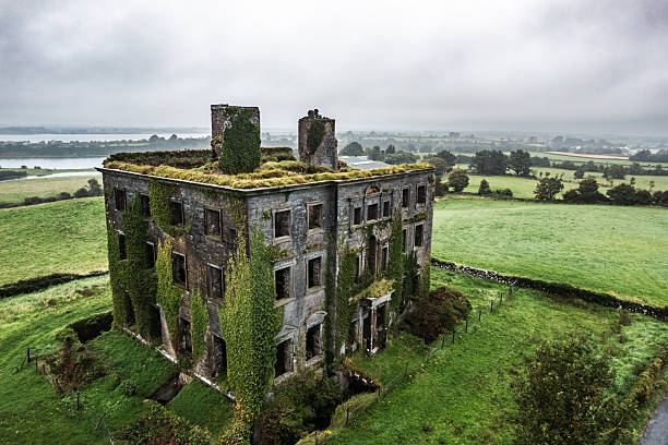 Tyrone House in County Galway, Ireland, is a ruined 18th-century mansion captured beautifully from above by drone. Surrounded by fields and open countryside, the historic structure stands as a reminder of Ireland’s cultural heritage and architectural past. The aerial perspective reveals sweeping landscapes, stone walls, and the grandeur of this estate.