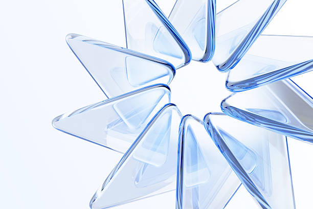 Light blue 3d background with circular effect of glass transparent triangle plate shapes. Abstract geometric flower with crystal triangular petals. Futuristic digital tech banner. 3D illustration