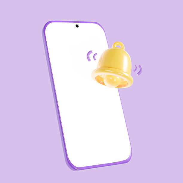 Yellow notification bell ringing with mobile phone isolated on purple background, concept of social media reminder, notices and subscriptions, minimal style, 3d render.