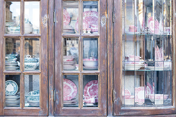 istock vintage country house interior wardrobe object wallpaper background frame pattern with aged dish on a shelves 2232136431