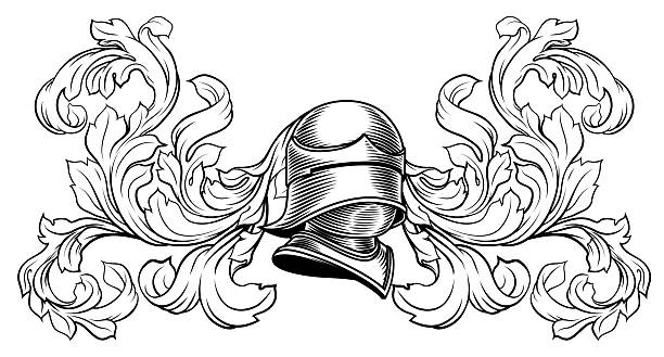 Coat of arms crest knight family medieval shield heraldry heraldic armorial motif. Featuring a knights helm helmet in a vintage etching engraving woodcut style