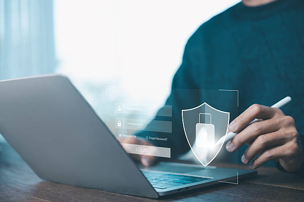 istock Cybersecurity concept. login protection, user securing account on laptop with digital shield icon, representing data privacy, online security, and safe technology access. information security 2232141893