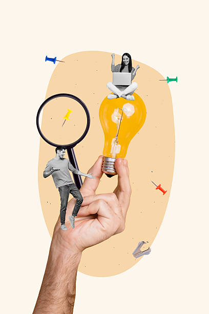 istock Poster trend sketch template 3D collage of hand hold idea bulb logic creative challenge jigsaw young lady man coworking laptop zoom glass 2232143597
