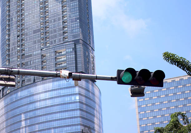 A traffic light in the city center.