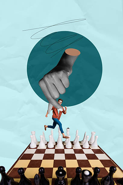 istock Creative collage with chessboard giant hand joyful person people symbolizing decision making planning and strategy 2232145591