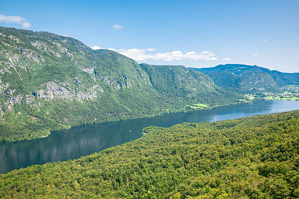 istock Scenic lake surrounded by green forests and mountains under blue sky 2232146481