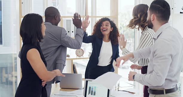 istock High five, support and business people in office with finance teamwork, partnership or celebration. Happy, success and group of financial advisors with good news, target or investment deal together. 2232146582