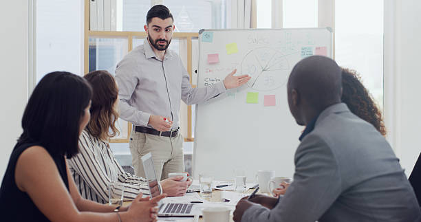 istock Whiteboard, businessman and presentation with team with pie chart for sales performance. Group, presenter and talk in meeting with graph for training, coaching or financial stats for KPI in office 2232147222