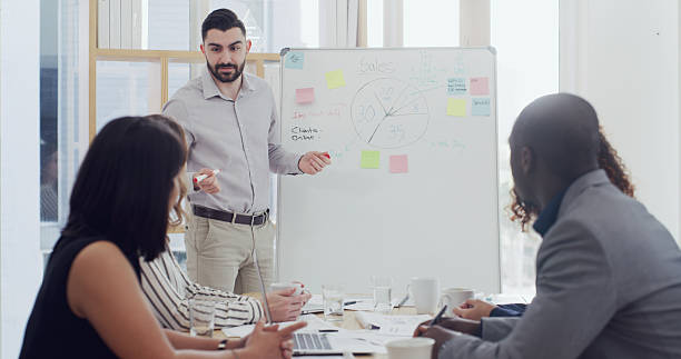 istock Whiteboard, presenter and businessman talk with team for chart, sales performance or analysis. Group, presentation and meeting with graph for training, coaching or financial stats for KPI in office 2232147230