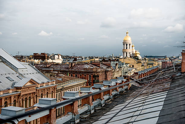 Saint Petersburg, Russia, 25 July 2019, View of wide avenues streets and rooftops from above