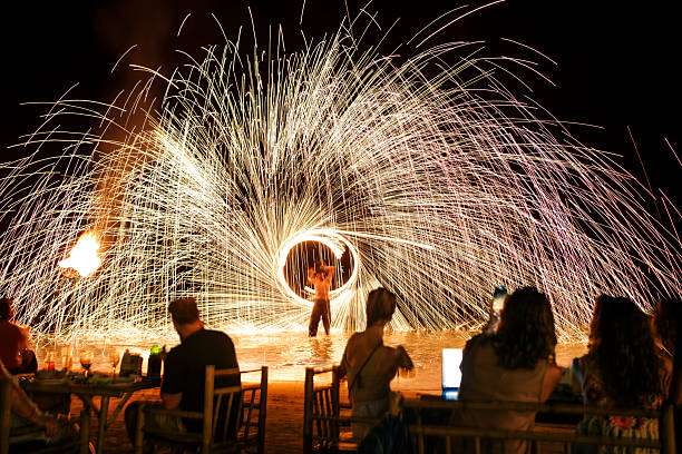Spectators are watching a fire dancer performing on the beach at night while bright sparks are flying around during the show